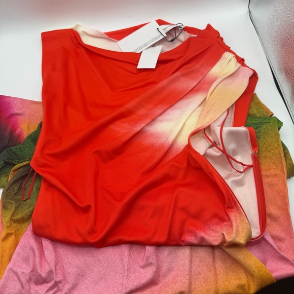 NEW NWT Oscar De La Renta Draped Abstract Vermilion Watercolor Midi Dress PS25 - Picture 9 of 14